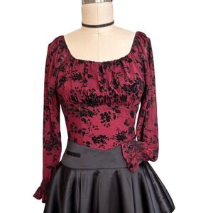 Floral Flocked Mesh Gothic Square Neck Blouse Top‎ Small Burgundy Black
